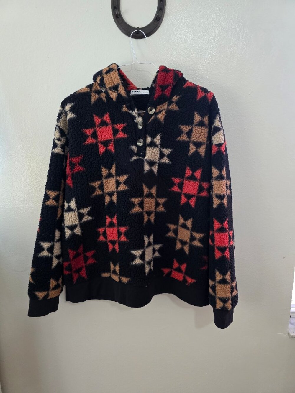Sonoma Goods For Life Quilt Pattern Sherpa Hoodie Button Pullover XL